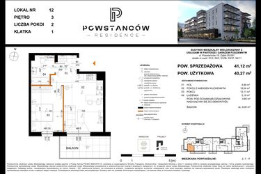Rzut - Mieszkanie na sprzedaż 2 pokoje o powierzchni 44,15 m² - numer 12 w Powstańców Residence
