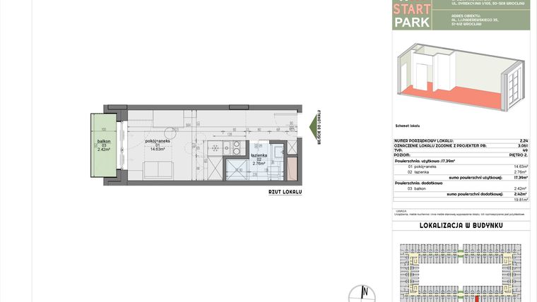 Rzut - Mieszkanie na sprzedaż 1 pokój o powierzchni 17,39 m² - numer 2.24 w START PARK