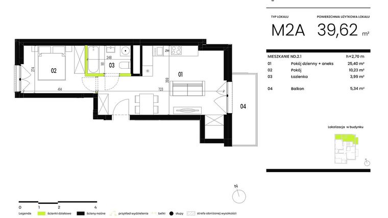 Rzut - Mieszkanie na sprzedaż 2 pokoje o powierzchni 39,62 m² - numer ND.2.1 w Ogrody Staromiejskie