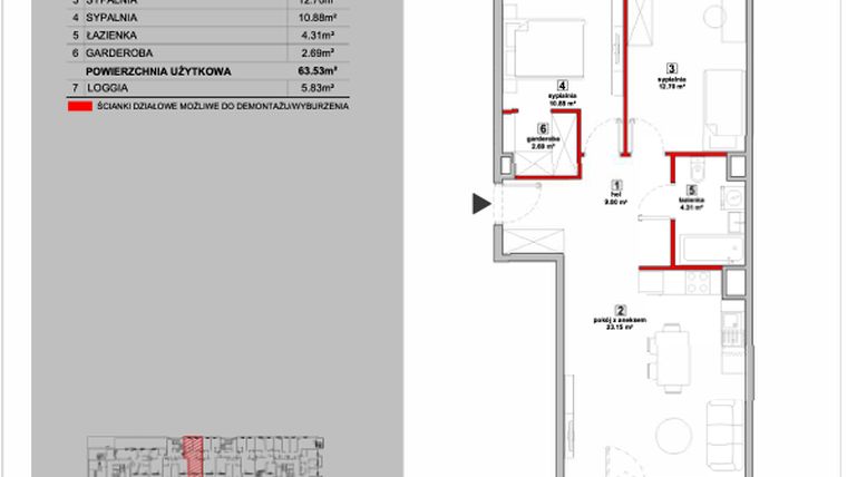 Rzut - Mieszkanie na sprzedaż 3 pokoje o powierzchni 63,53 m² - numer P9.02.5.68 w Osiedle Poematu II
