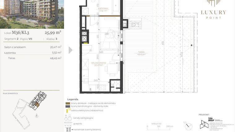 Rzut - Mieszkanie na sprzedaż 1 pokój o powierzchni 25,99 m² - numer M36/KL3 w LUXURY POINT