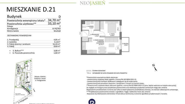 Rzut - Mieszkanie na sprzedaż 2 pokoje o powierzchni 33,1 m² - numer D21 w Neo Jasień etap II