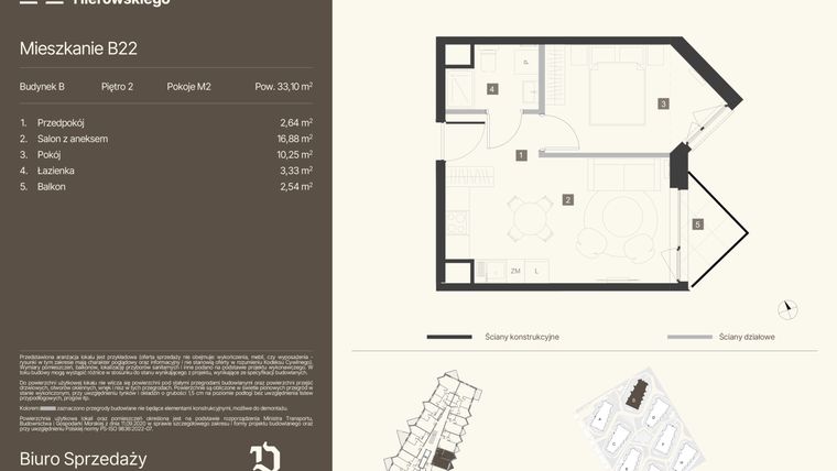 Rzut - Mieszkanie na sprzedaż 2 pokoje o powierzchni 33,1 m² - numer B22 w Osiedle Hierowskiego