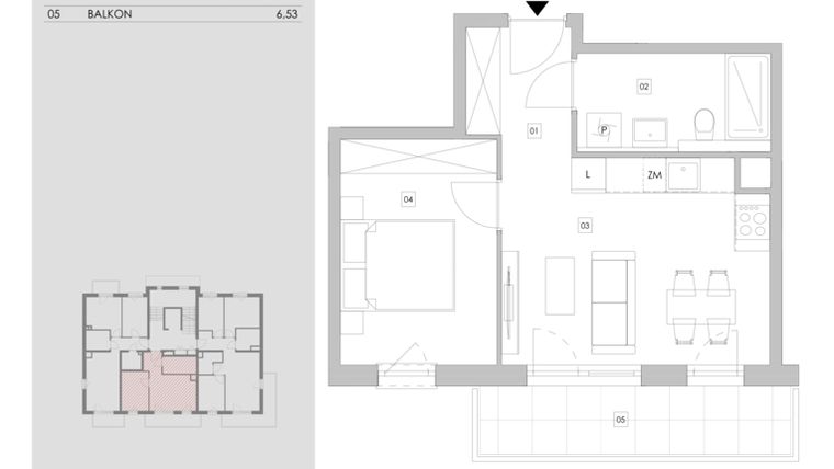 Rzut - Mieszkanie na sprzedaż 2 pokoje o powierzchni 37,18 m² - numer 96.1.05 w ATAL Bronowice