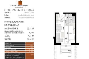Rzut - Mieszkanie na sprzedaż 1 pokój o powierzchni 30,64 m² - numer 3B w Osiedle Farbiarska II