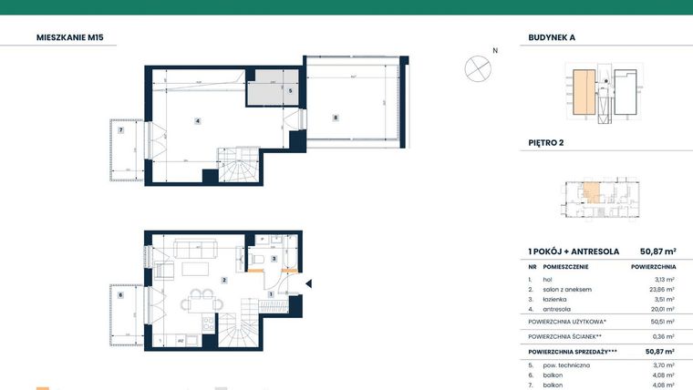 Rzut - Mieszkanie na sprzedaż 2 pokoje o powierzchni 50,87 m² - numer M15 w Reneta