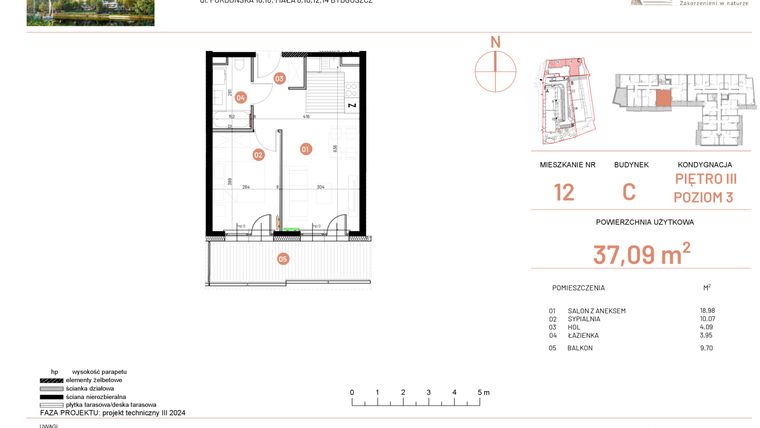 Rzut - Mieszkanie na sprzedaż 2 pokoje o powierzchni 37,09 m² - numer 16.12 w Osiedle Nowe Horyzonty etap II