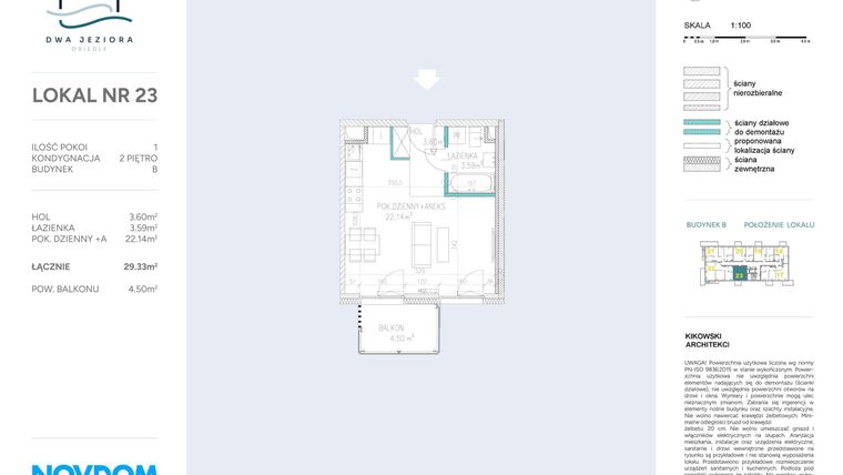 Rzut - Mieszkanie na sprzedaż 1 pokój o powierzchni 29,33 m² - numer B.23 w Dwa Jeziora