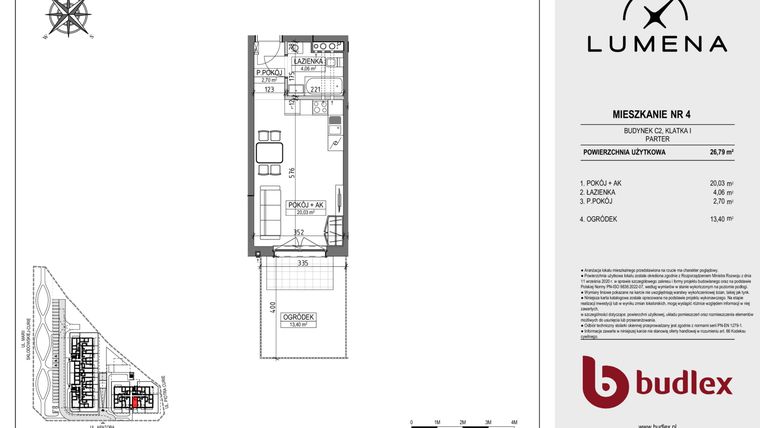 Rzut - Mieszkanie na sprzedaż 1 pokój o powierzchni 26,79 m² - numer C2.04 w Lumena