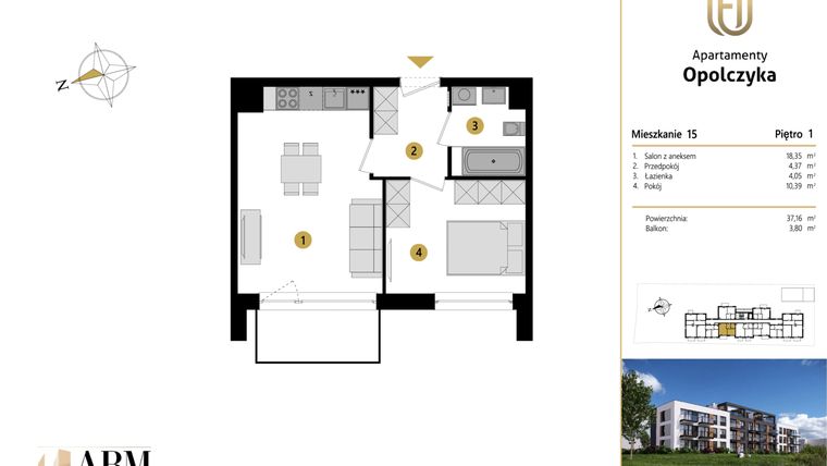 Rzut - Mieszkanie na sprzedaż 2 pokoje o powierzchni 37,16 m² - numer M15 w Apartamenty Opolczyka