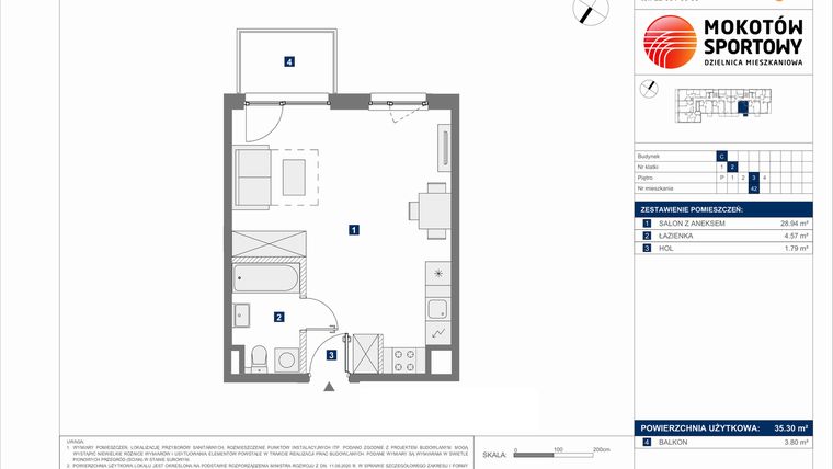 Rzut - Mieszkanie na sprzedaż 1 pokój o powierzchni 35,3 m² - numer C.42 w Mokotów Sportowy 1.1B