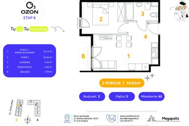 Rzut - Mieszkanie na sprzedaż 2 pokoje o powierzchni 34,93 m² - numer 2.45 w Osiedle Ozon etap VIII