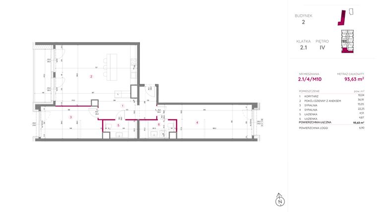 Rzut - Mieszkanie na sprzedaż 3 pokoje o powierzchni 93,63 m² - numer 2.1/4/M10 w Lechicka 65