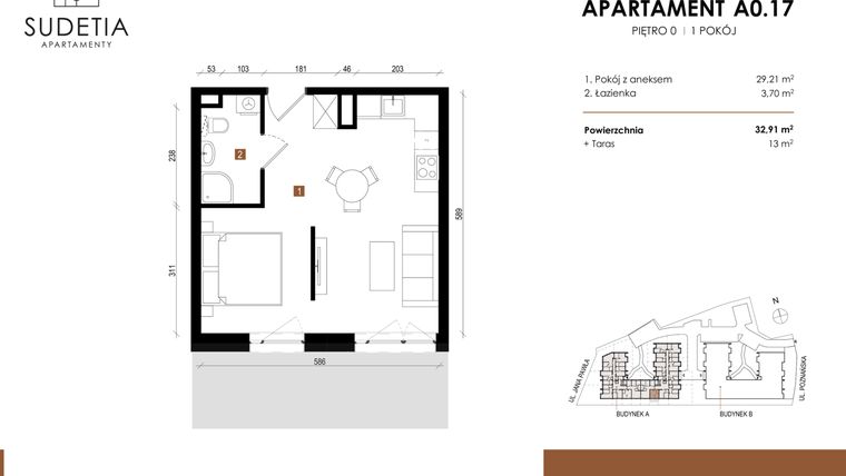 Rzut - Mieszkanie na sprzedaż 1 pokój o powierzchni 32,91 m² - numer A 0.17 w Apartamenty Sudetia