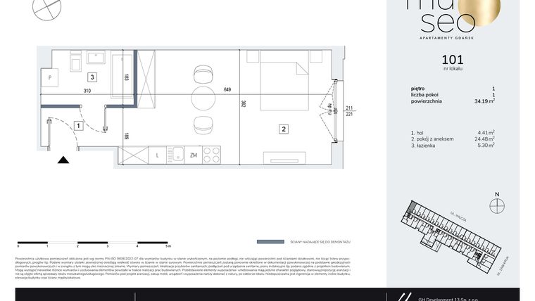 Rzut - Mieszkanie na sprzedaż 1 pokój o powierzchni 34,19 m² - numer 101 w Museo