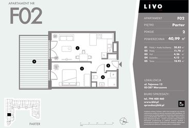 Rzut - Mieszkanie na sprzedaż 2 pokoje o powierzchni 40,99 m² - numer F02 w Livo