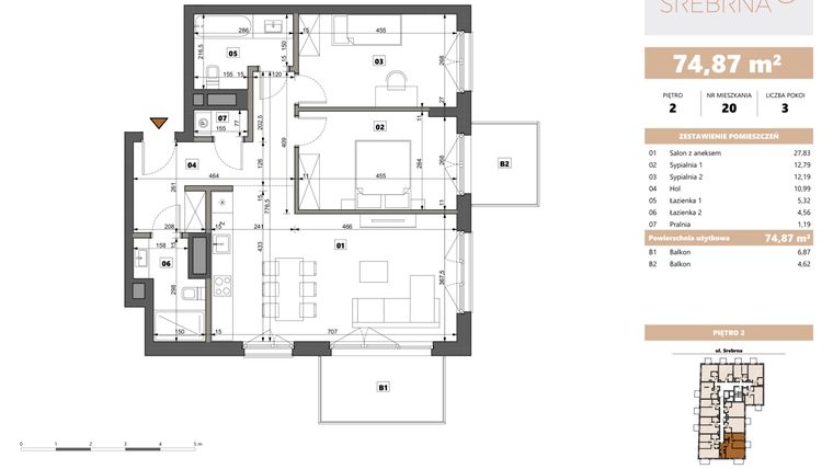 Rzut - Mieszkanie na sprzedaż 3 pokoje o powierzchni 74,87 m² - numer 20 w Srebrna 5