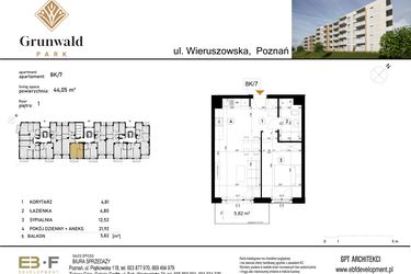 Rzut - Mieszkanie na sprzedaż 2 pokoje o powierzchni 44,05 m² - numer 8 K/7 w Grunwald Park