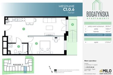 Rzut - Mieszkanie na sprzedaż 2 pokoje o powierzchni 47,72 m² - numer C1.0.6 w Bogatyńska Apartamenty etap 3