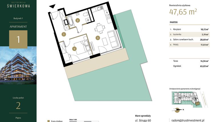 Rzut - Mieszkanie na sprzedaż 2 pokoje o powierzchni 47,65 m² - numer 1 w Rezydencja Świerkowa