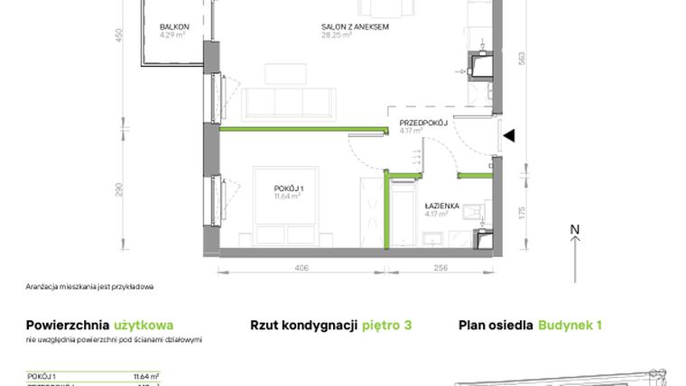 Rzut - Mieszkanie na sprzedaż 2 pokoje o powierzchni 48,23 m² - numer III.3/1/29 w Via Flora