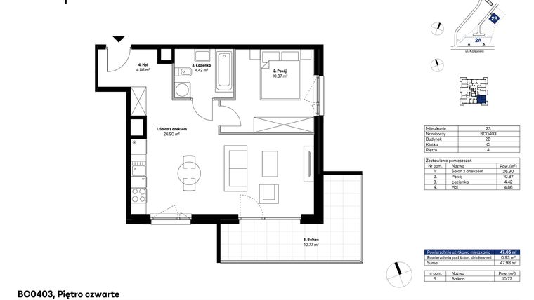 Rzut - Mieszkanie na sprzedaż 2 pokoje o powierzchni 47,05 m² - numer BC0403 w NU2 Warszawa Wola
