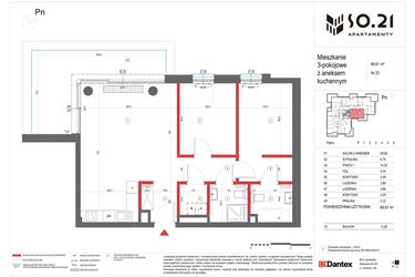 Rzut - Mieszkanie na sprzedaż 3 pokoje o powierzchni 69,61 m² - numer 23 w SO.21
