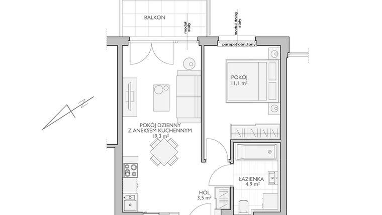Rzut - Mieszkanie na sprzedaż 2 pokoje o powierzchni 39,7 m² - numer WO/B/1/17 w Wiszące Ogrody