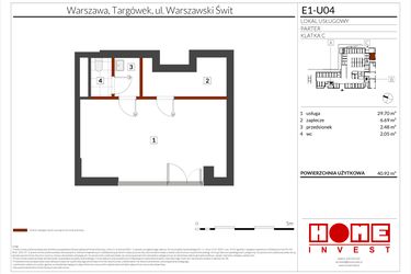 Rzut - Lokal użytkowy na sprzedaż 1 pokój o powierzchni 40,92 m² - numer E1-U04 w Warszawski Świt etap X