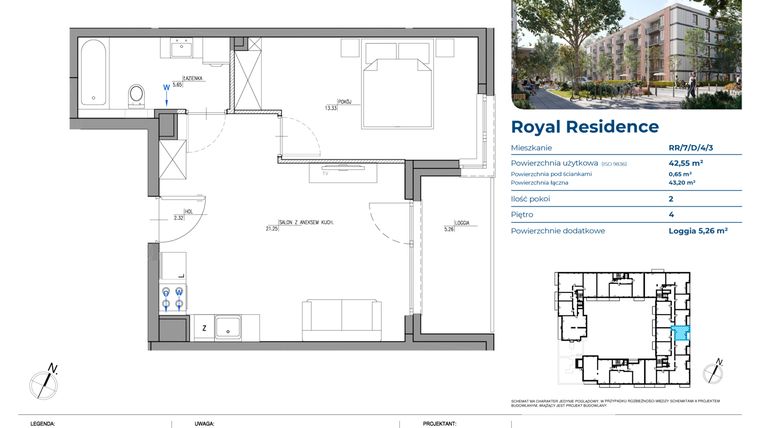 Rzut - Mieszkanie na sprzedaż 2 pokoje o powierzchni 42,55 m² - numer RR/7/D/4/3 w Royal Residence 7