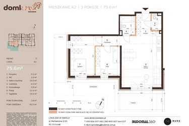 Rzut - Mieszkanie na sprzedaż 3 pokoje o powierzchni 75,6 m² - numer A2 w Domkove Widzew