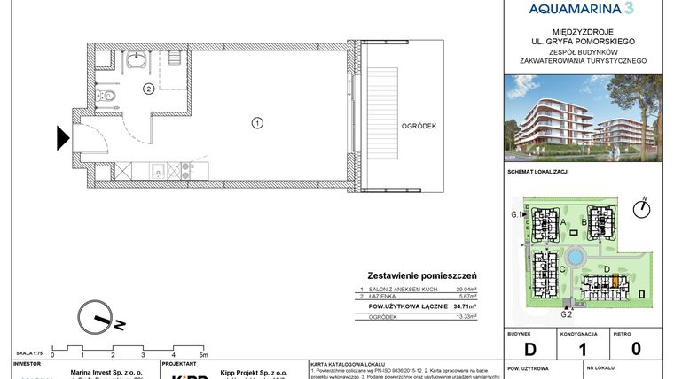 Rzut - Mieszkanie na sprzedaż 1 pokój o powierzchni 34,71 m² - numer D1.07 w Aquamarina 3