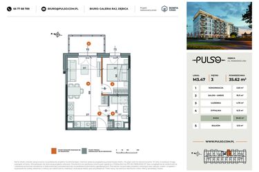 Rzut - Mieszkanie na sprzedaż 2 pokoje o powierzchni 35,62 m² - numer M3.47 w Pulso