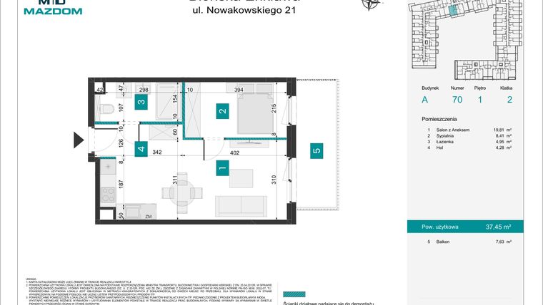 Rzut - Mieszkanie na sprzedaż 2 pokoje o powierzchni 37,53 m² - numer A.70 w Błońska Enklawa