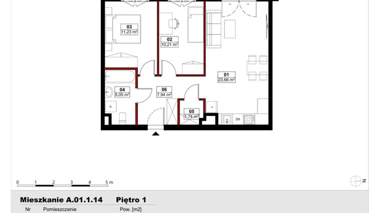 Rzut - Mieszkanie na sprzedaż 3 pokoje o powierzchni 59,79 m² - numer A01.1.14 w Skwer Witosa