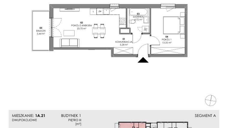Rzut - Mieszkanie na sprzedaż 2 pokoje o powierzchni 47,05 m² - numer 1A.21 w Akacjowa Wita