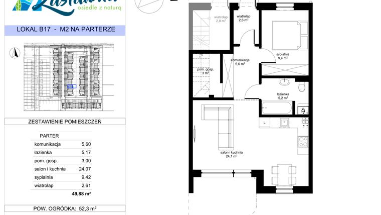 Rzut - Mieszkanie na sprzedaż 2 pokoje o powierzchni 49,88 m² - numer B.17 w Zastawna OdNova