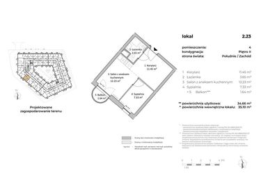 Rzut - Mieszkanie na sprzedaż 1 pokój o powierzchni 35,13 m² - numer 2.23 w OVAL SKY