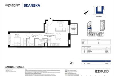 Rzut - Mieszkanie na sprzedaż 2 pokoje o powierzchni 50,65 m² - numer 1BA0105 w Awangarda Mogilska