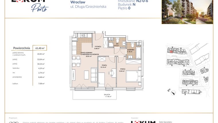 Rzut - Mieszkanie na sprzedaż 3 pokoje o powierzchni 61,4 m² - numer N2-0-6 w Lokum Porto etap V bud. N