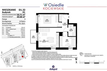 Rzut - Mieszkanie na sprzedaż 3 pokoje o powierzchni 49,08 m² - numer D1.32 w Osiedle Kociewskie etap IV