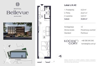 Rzut - Mieszkanie na sprzedaż 1 pokój o powierzchni 32,8 m² - numer 42 w Hotel Bellevue