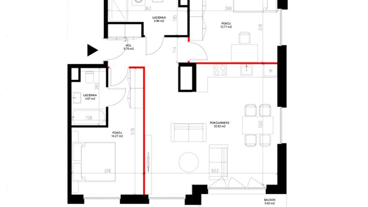 Rzut - Mieszkanie na sprzedaż 3 pokoje o powierzchni 75,31 m² - numer E.2.3 w INSPIRE ETAP IV – bud. E