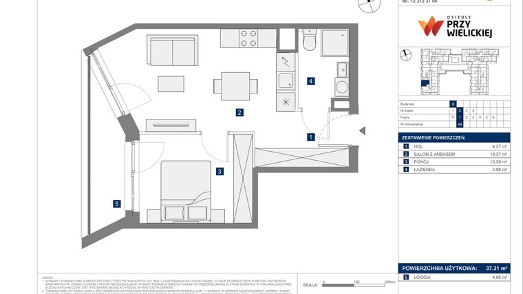 Rzut - Mieszkanie na sprzedaż 2 pokoje o powierzchni 37,31 m² - numer B-49 w Osiedle przy Wielickiej etap 1.2