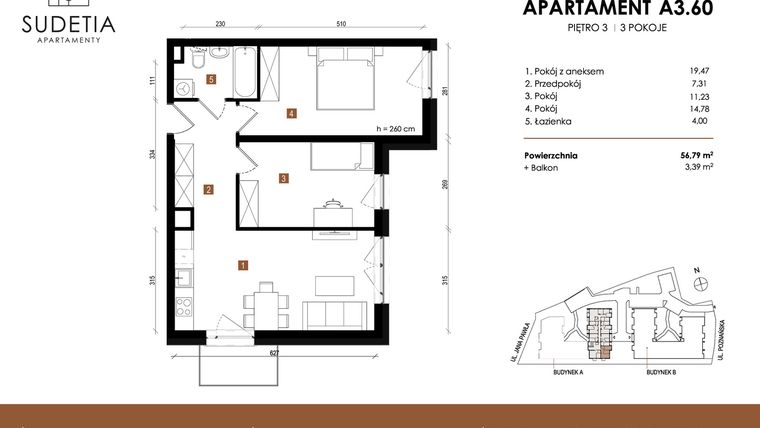 Rzut - Mieszkanie na sprzedaż 3 pokoje o powierzchni 56,79 m² - numer A 3.60 w Apartamenty Sudetia