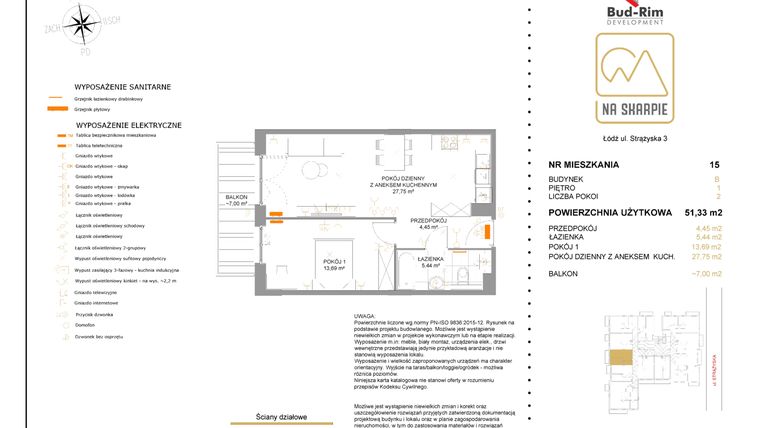 Rzut - Mieszkanie na sprzedaż 2 pokoje o powierzchni 51,33 m² - numer B15 w Na Skarpie bud. B