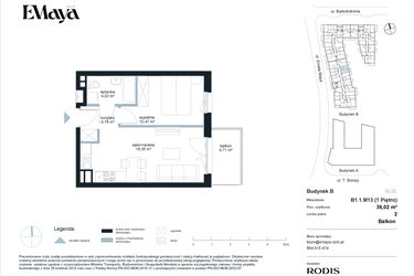 Rzut - Mieszkanie na sprzedaż 2 pokoje o powierzchni 36,02 m² - numer B1.1.M13 w EMaya