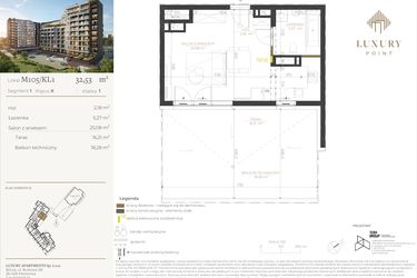 Rzut - Mieszkanie na sprzedaż 1 pokój o powierzchni 32,53 m² - numer M105/KL1 w LUXURY POINT