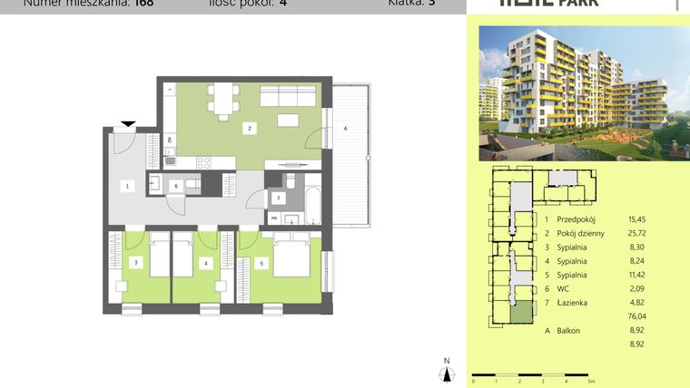 Rzut - Mieszkanie na sprzedaż 4 pokoje o powierzchni 76,04 m² - numer 168 w Dworzysko Park - Etap II