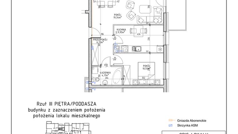 Rzut - Mieszkanie na sprzedaż 2 pokoje o powierzchni 50,74 m² - numer 59 w Osiedle Sady bud. E4